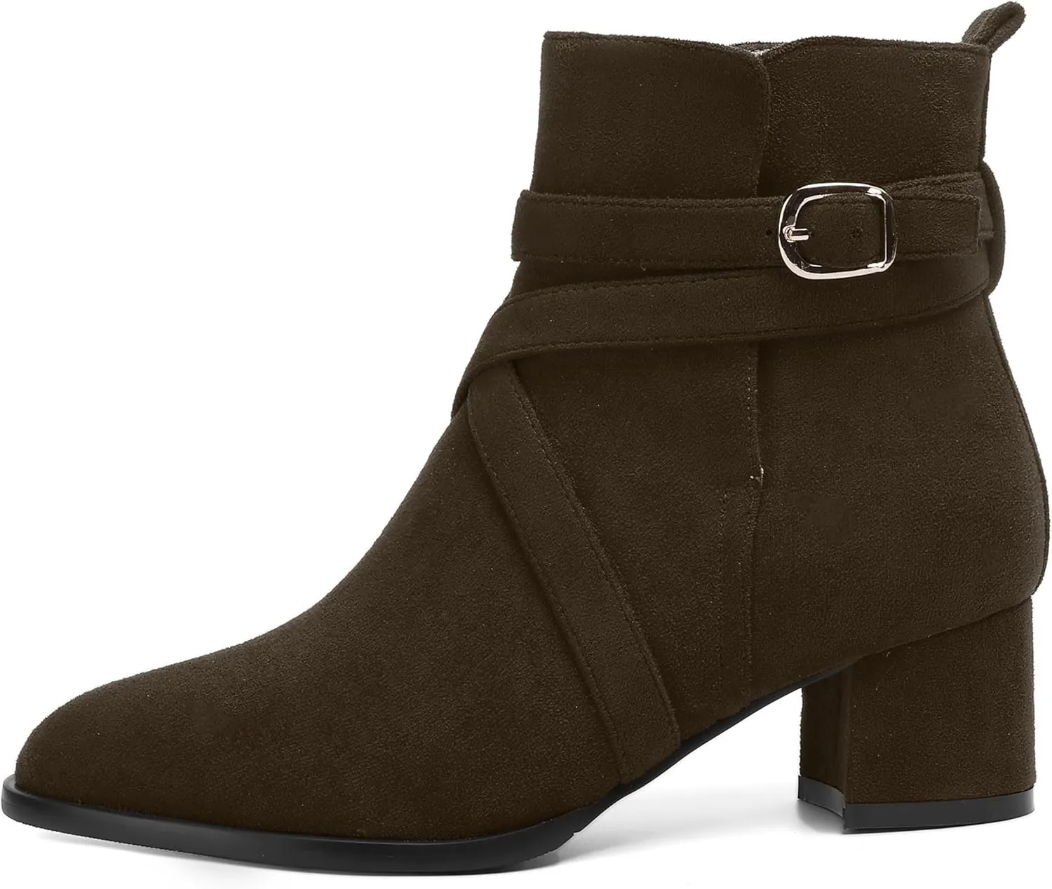 NUMALEO Womens Buckle Outdoor Suede Casual Round Toe Chunky Low Heel Ankle High Boots 2 Inch