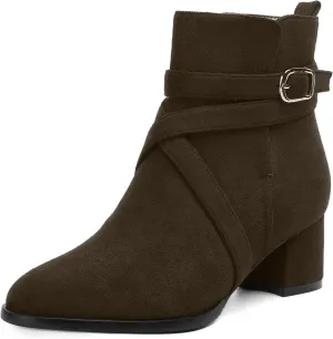 NUMALEO Womens Buckle Outdoor Suede Casual Round Toe Chunky Low Heel Ankle High Boots 2 Inch
