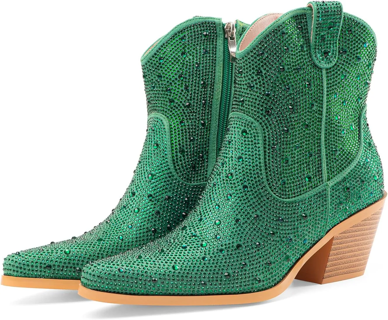 Oh Mispares Women's Sparkly Glitter Rhinestone Cowboy Ankle Boots Western Pointed Toe Low Block Heel Cowgirl Booties with Zipper