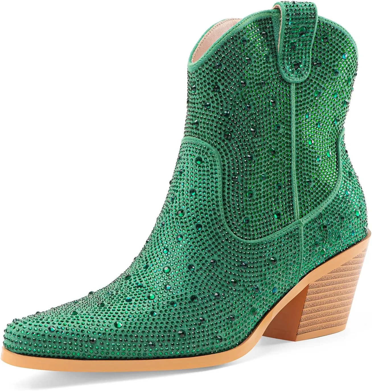 Oh Mispares Women's Sparkly Glitter Rhinestone Cowboy Ankle Boots Western Pointed Toe Low Block Heel Cowgirl Booties with Zipper