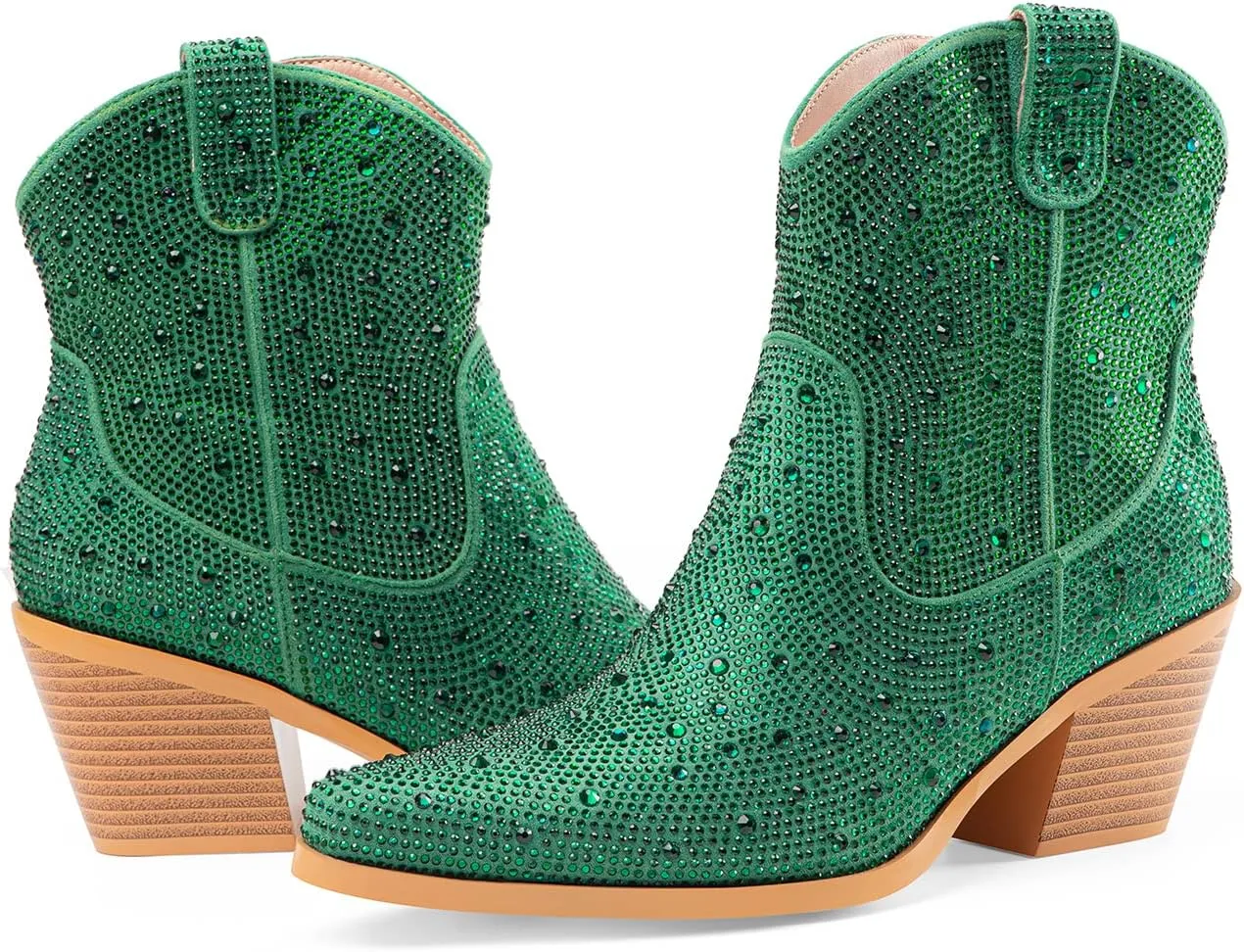 Oh Mispares Women's Sparkly Glitter Rhinestone Cowboy Ankle Boots Western Pointed Toe Low Block Heel Cowgirl Booties with Zipper