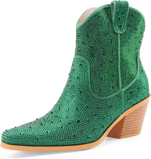 Oh Mispares Women's Sparkly Glitter Rhinestone Cowboy Ankle Boots Western Pointed Toe Low Block Heel Cowgirl Booties with Zipper