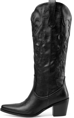 Oh Mispares Women's Western Style Knee High Cowgirl Boots Embroidered Wide Calf Pointed Toe Chunky Block Heel Cowboy Boots