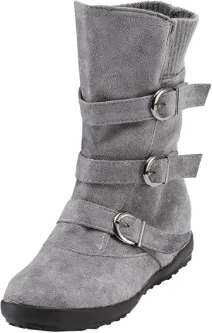 oiangi Wide Calf Boots for Women Suede Round Toe Three Straps Buckle Zipper Flat Non-slip Mid Calf Snow Boots Fall Winter Casual Outdoor Warm Shoes