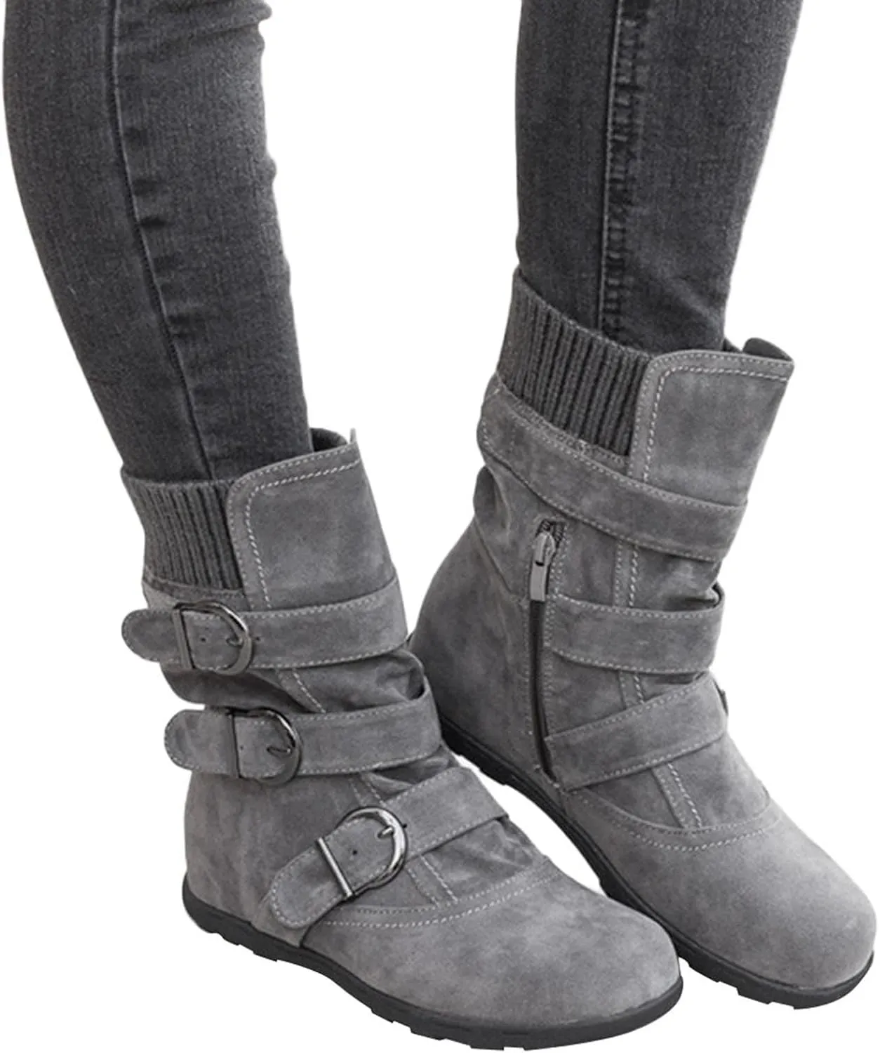 oiangi Wide Calf Boots for Women Suede Round Toe Three Straps Buckle Zipper Flat Non-slip Mid Calf Snow Boots Fall Winter Casual Outdoor Warm Shoes