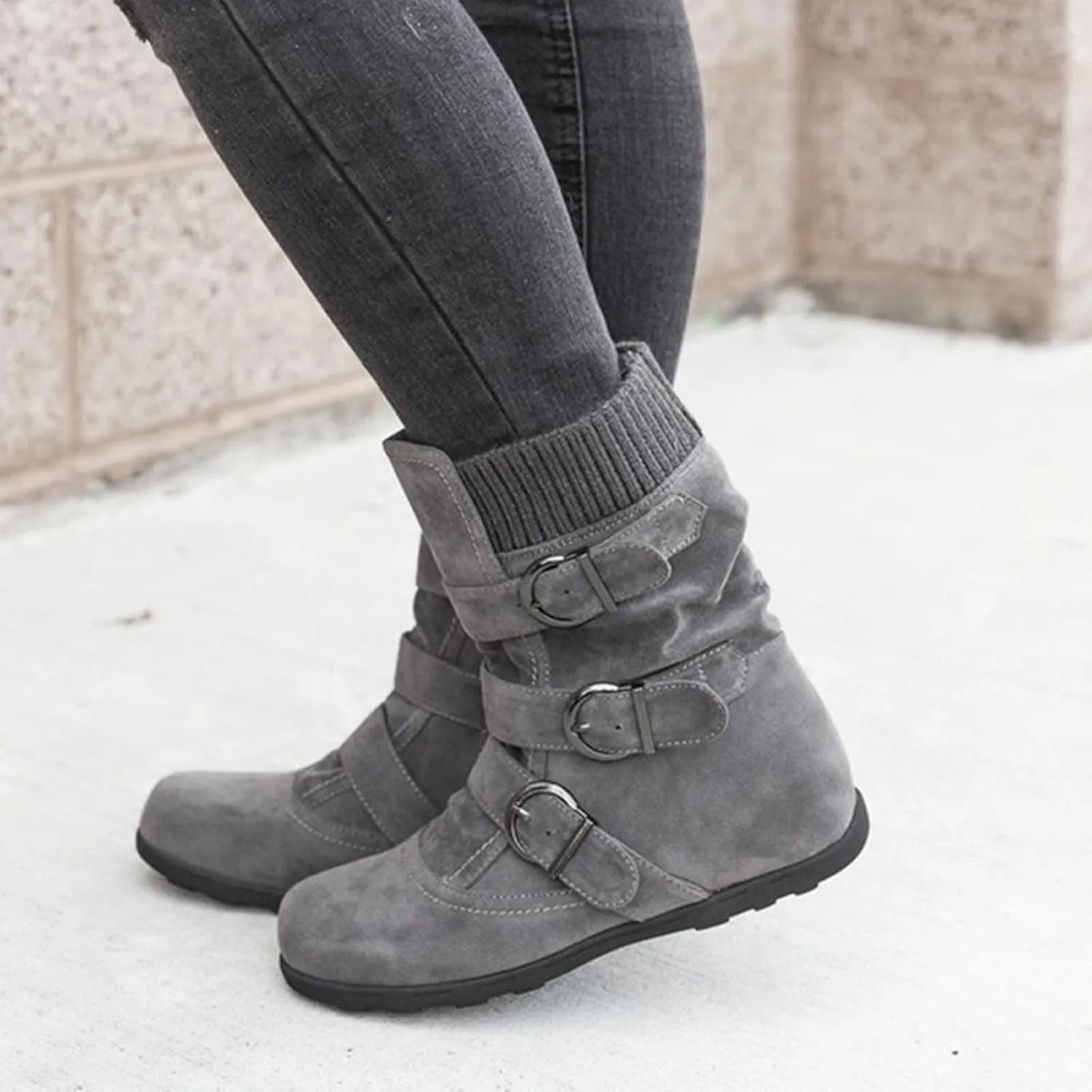 oiangi Wide Calf Boots for Women Suede Round Toe Three Straps Buckle Zipper Flat Non-slip Mid Calf Snow Boots Fall Winter Casual Outdoor Warm Shoes
