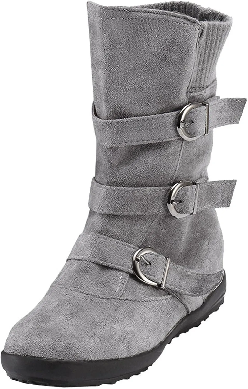 oiangi Wide Calf Boots for Women Suede Round Toe Three Straps Buckle Zipper Flat Non-slip Mid Calf Snow Boots Fall Winter Casual Outdoor Warm Shoes