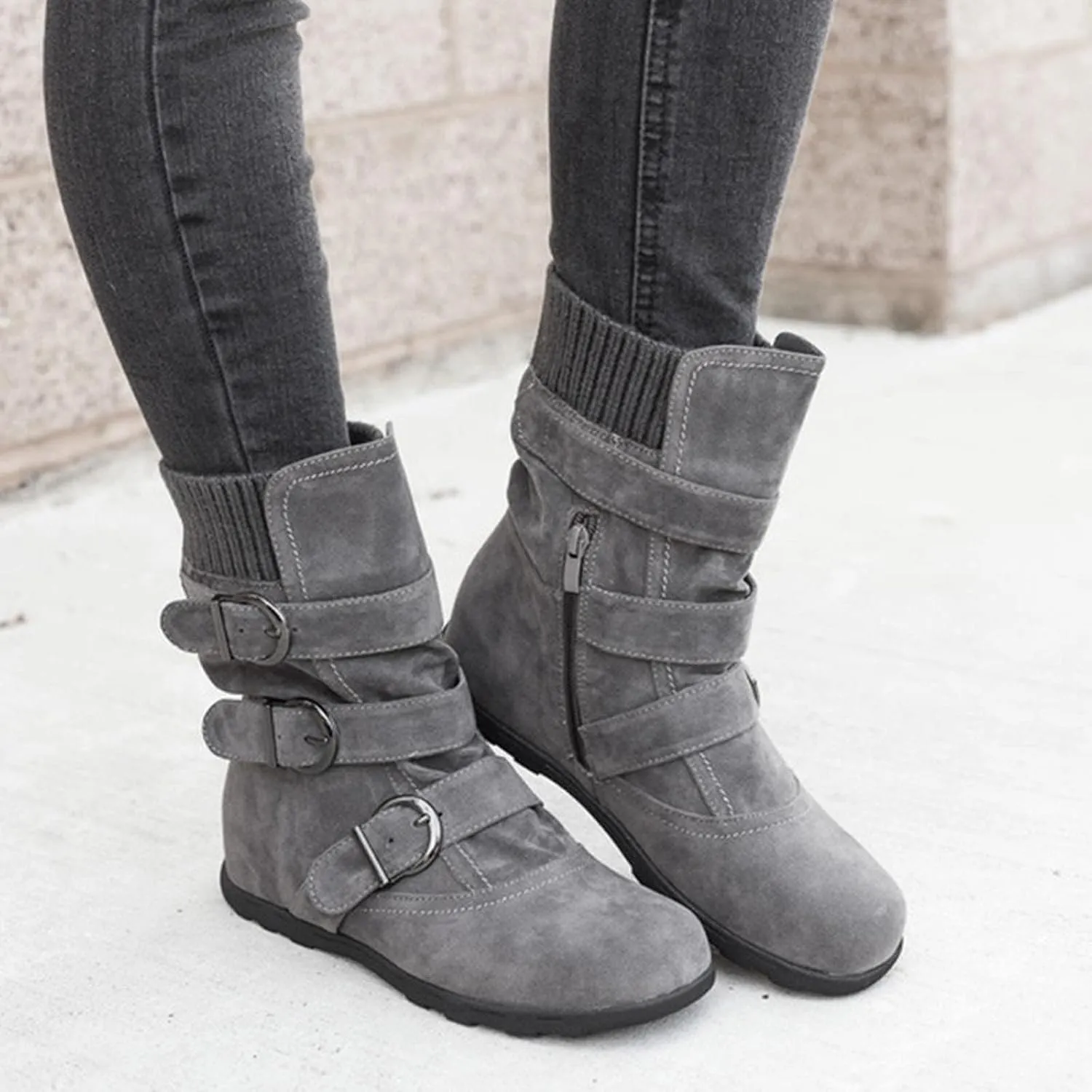 oiangi Wide Calf Boots for Women Suede Round Toe Three Straps Buckle Zipper Flat Non-slip Mid Calf Snow Boots Fall Winter Casual Outdoor Warm Shoes