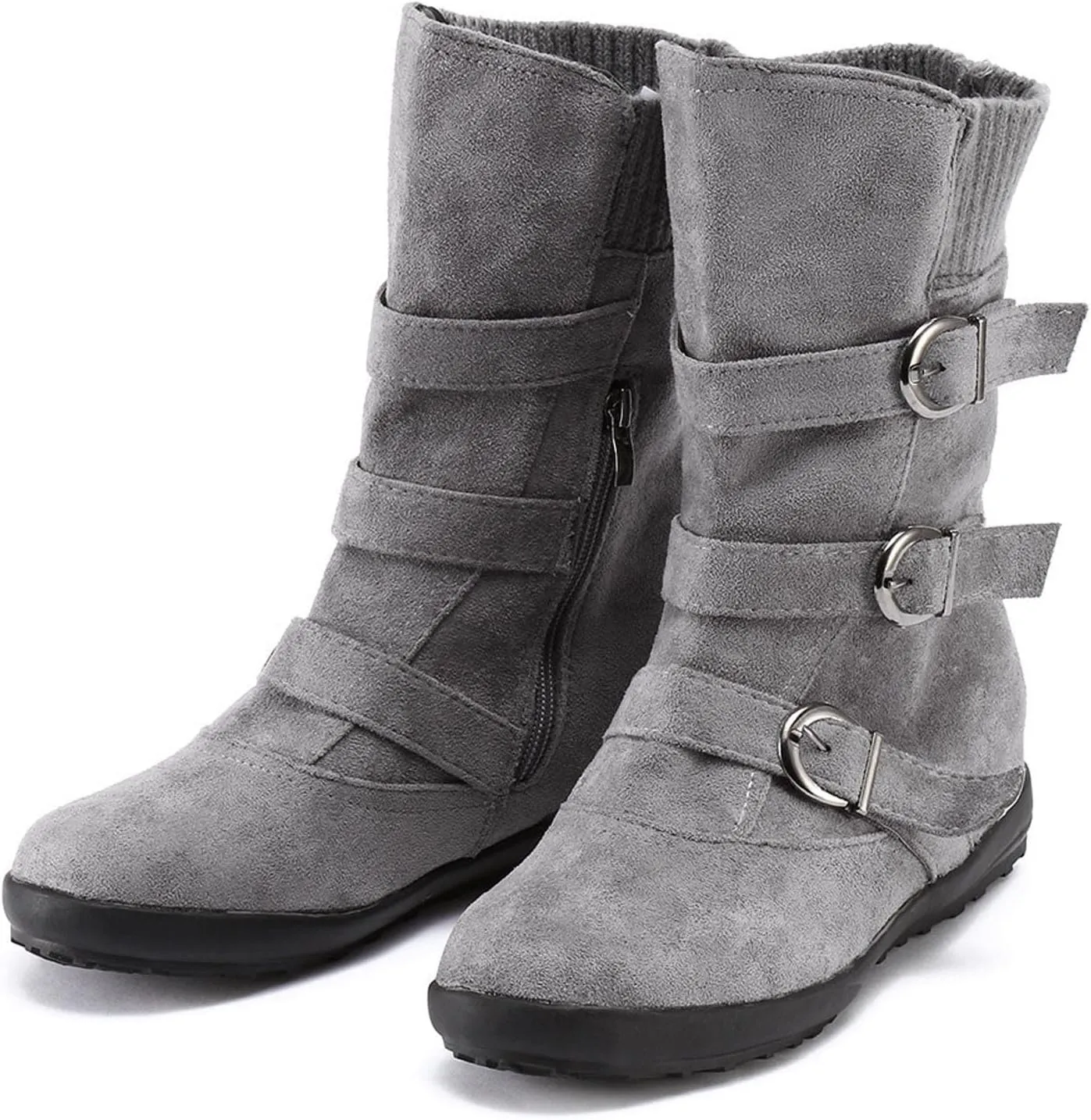 oiangi Wide Calf Boots for Women Suede Round Toe Three Straps Buckle Zipper Flat Non-slip Mid Calf Snow Boots Fall Winter Casual Outdoor Warm Shoes