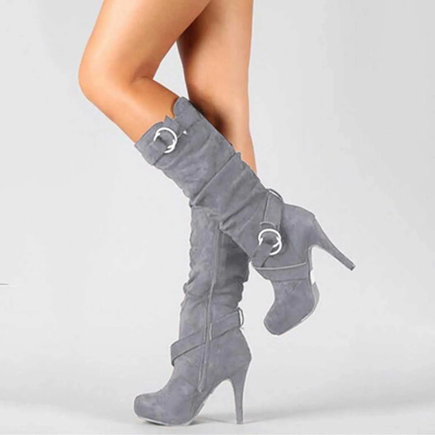 oiangi Women Stiletto Mid Calf Boots 2022 Winter Fashion Suede Round Toe Cross Belt Buckle Platform Thin High Heel Boots Solid Zipper Ladies Casual Shoes