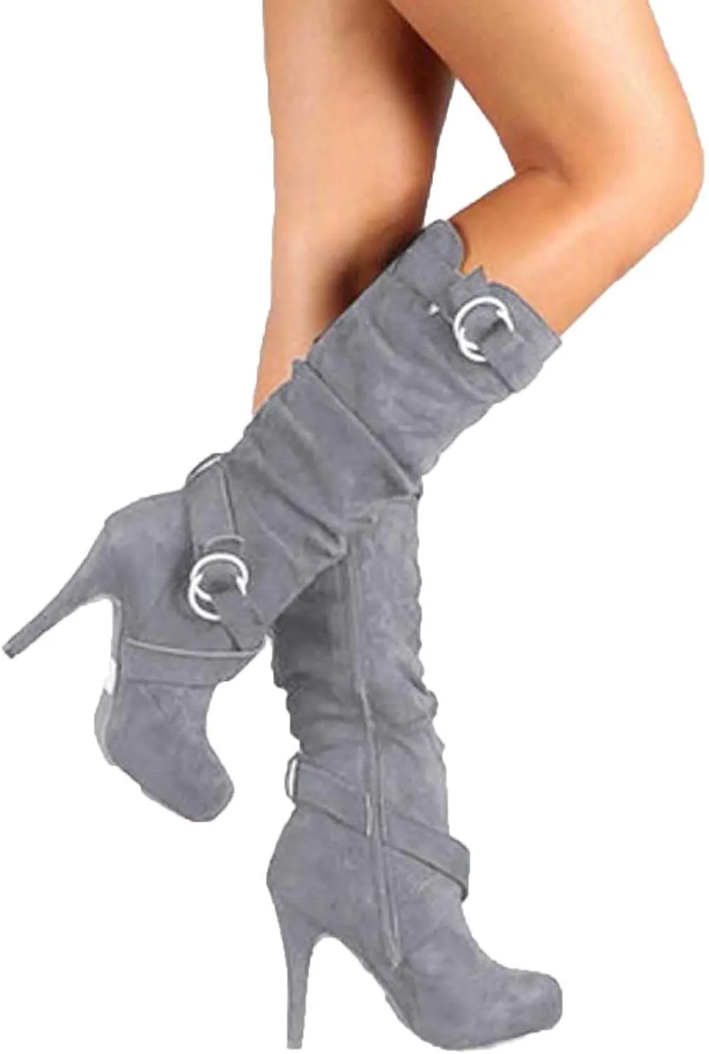 oiangi Women Stiletto Mid Calf Boots 2022 Winter Fashion Suede Round Toe Cross Belt Buckle Platform Thin High Heel Boots Solid Zipper Ladies Casual Shoes