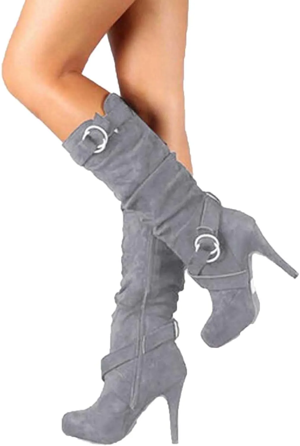 oiangi Women Stiletto Mid Calf Boots 2022 Winter Fashion Suede Round Toe Cross Belt Buckle Platform Thin High Heel Boots Solid Zipper Ladies Casual Shoes