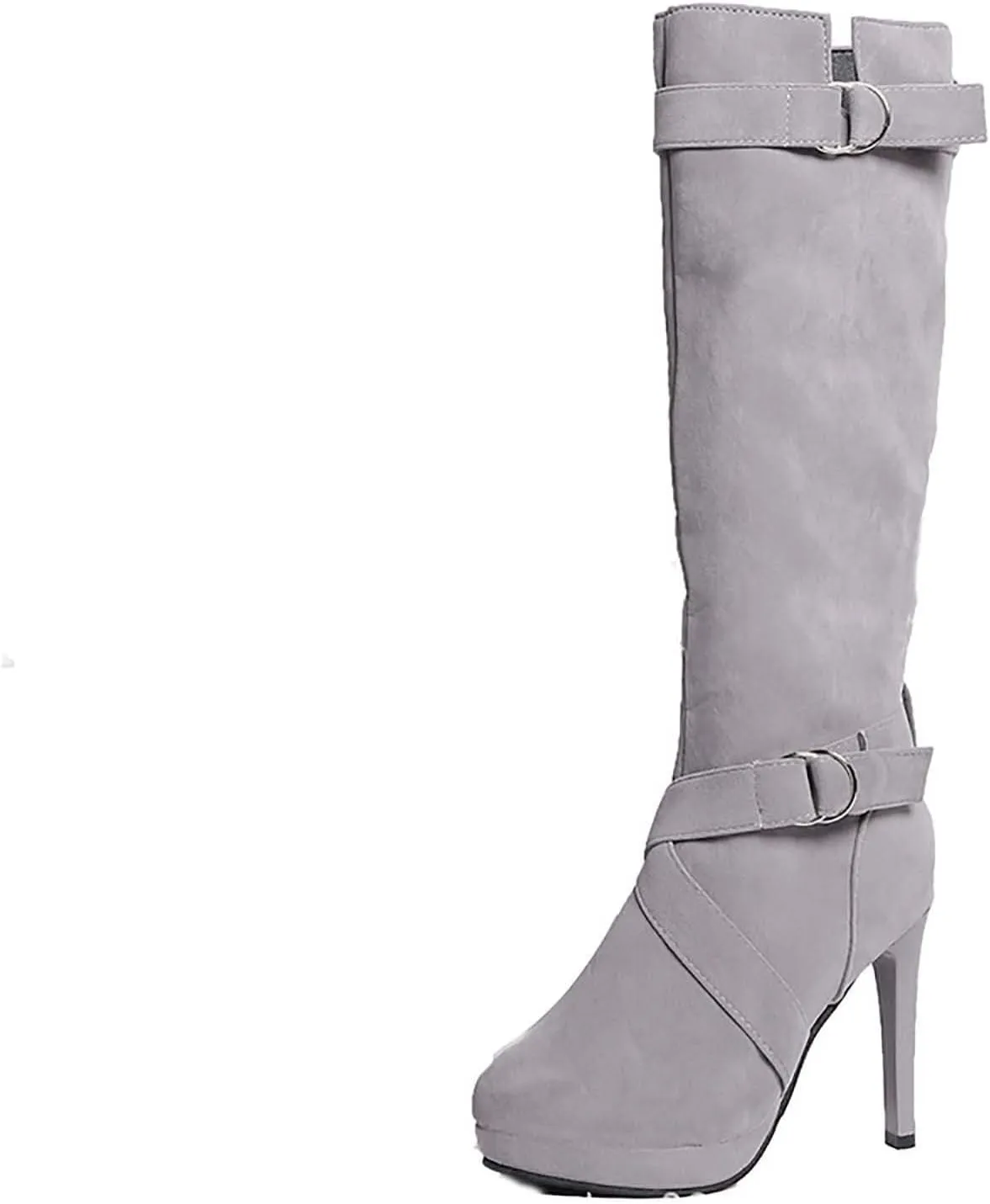 oiangi Women Stiletto Mid Calf Boots 2022 Winter Fashion Suede Round Toe Cross Belt Buckle Platform Thin High Heel Boots Solid Zipper Ladies Casual Shoes