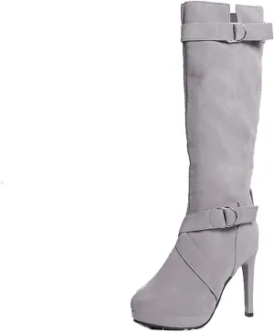 oiangi Women Stiletto Mid Calf Boots 2022 Winter Fashion Suede Round Toe Cross Belt Buckle Platform Thin High Heel Boots Solid Zipper Ladies Casual Shoes