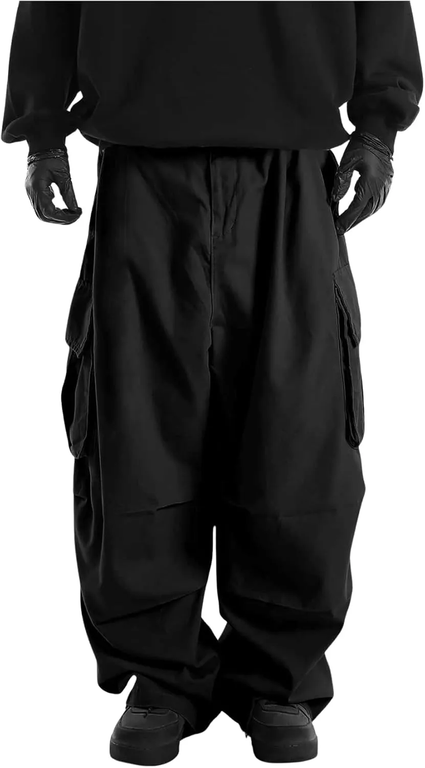 OYOANGLE Men's Drawstring Elastic Waist Flap Pockets Streetwear Baggy Cargo Pants Joggers Hiking Trousers