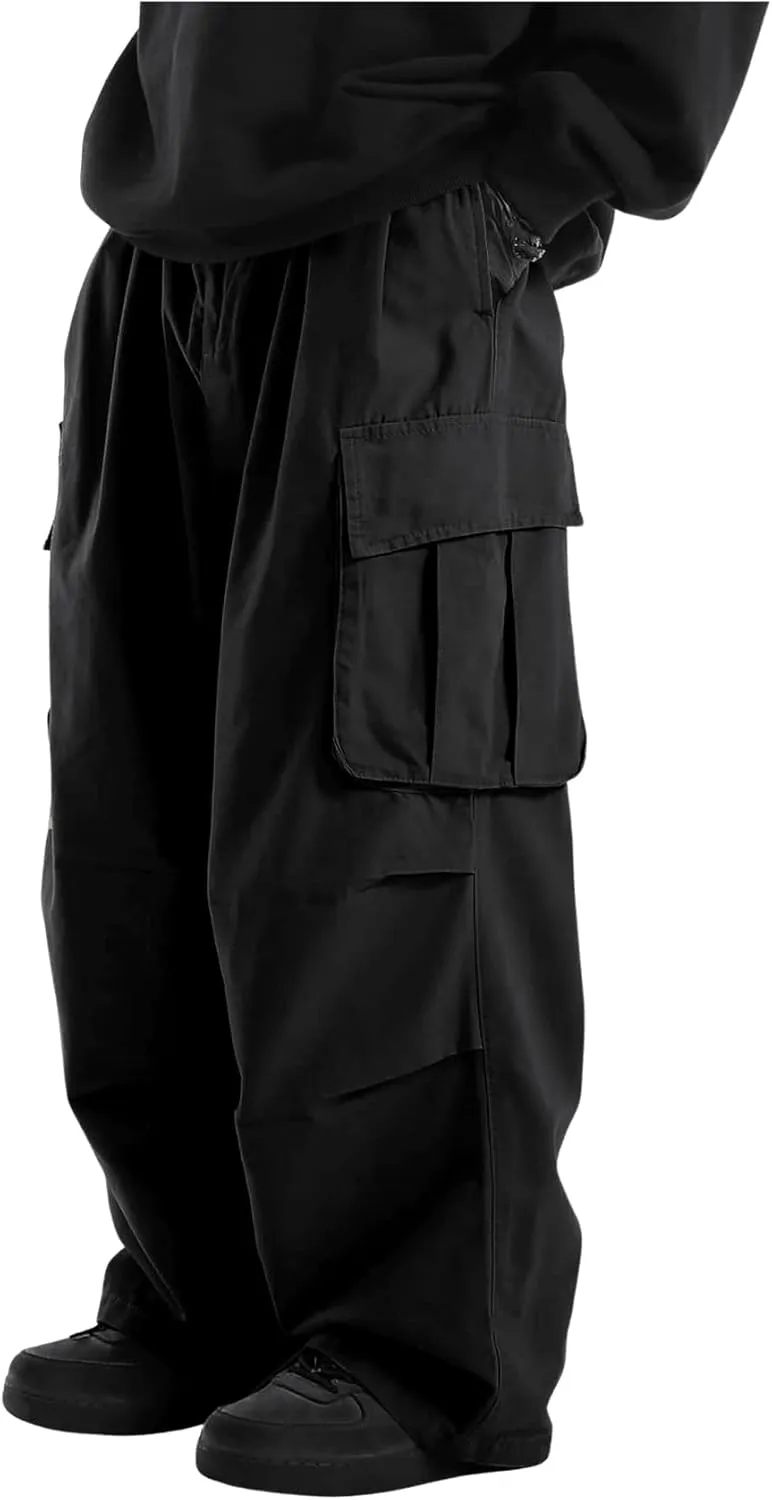 OYOANGLE Men's Drawstring Elastic Waist Flap Pockets Streetwear Baggy Cargo Pants Joggers Hiking Trousers