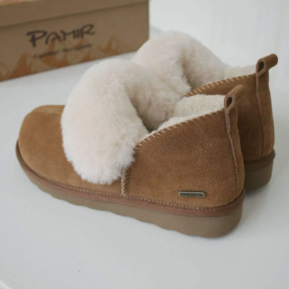 PAMIR Women's Genuine Suede Shearling Ankle Moccasin Booties Slippers Boots Memory Foam Indoor Outdoor