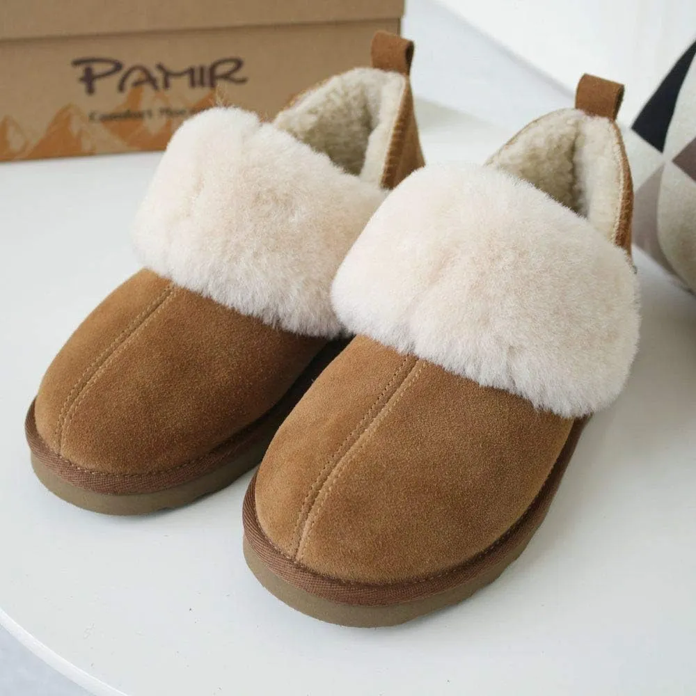 PAMIR Women's Genuine Suede Shearling Ankle Moccasin Booties Slippers Boots Memory Foam Indoor Outdoor
