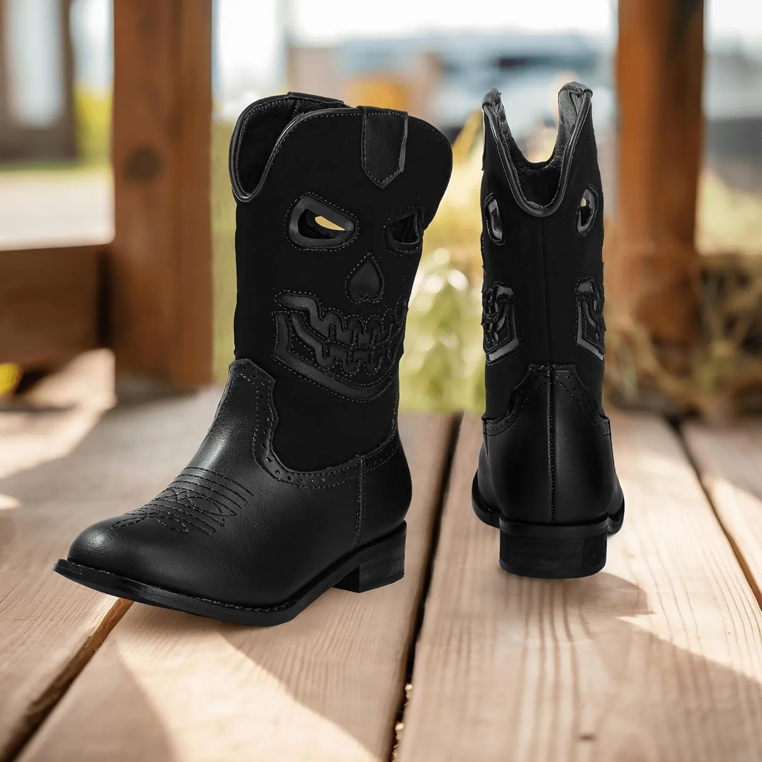 PANDANINJIA Girls Cowboy Boots For Boys Kids Toddler Western Mid Calf Cowgirl Boots Riding Shoes With Halloween Skull Element Booties