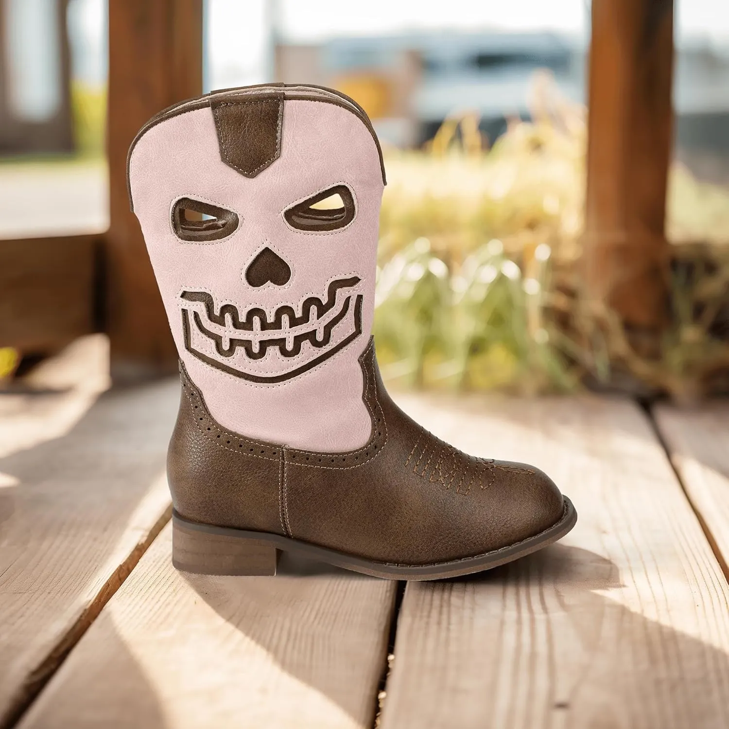 PANDANINJIA Girls Cowboy Boots For Boys Kids Toddler Western Mid Calf Cowgirl Boots Riding Shoes With Halloween Skull Element Booties