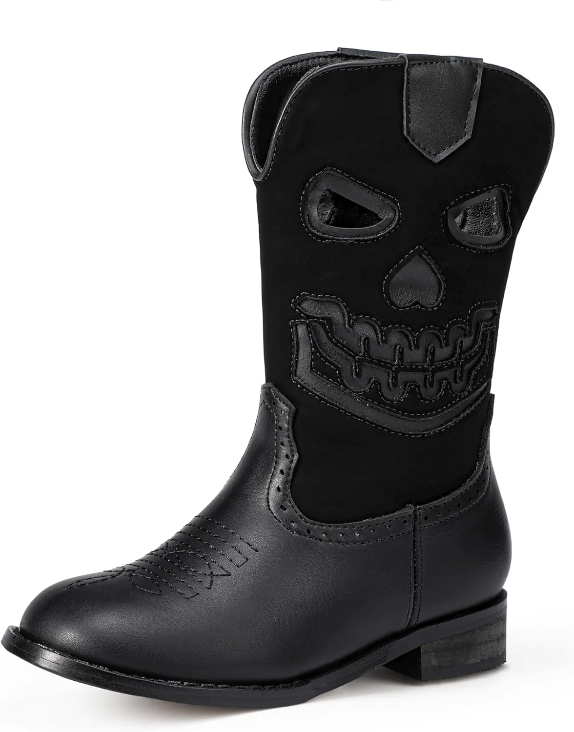 PANDANINJIA Girls Cowboy Boots For Boys Kids Toddler Western Mid Calf Cowgirl Boots Riding Shoes With Halloween Skull Element Booties