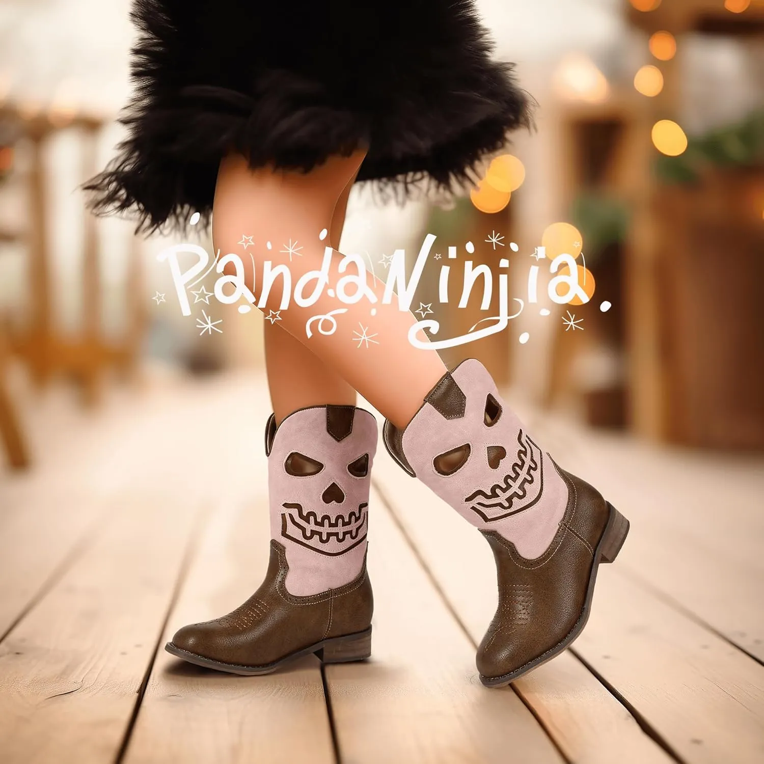 PANDANINJIA Girls Cowboy Boots For Boys Kids Toddler Western Mid Calf Cowgirl Boots Riding Shoes With Halloween Skull Element Booties