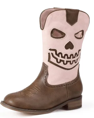 PANDANINJIA Girls Cowboy Boots For Boys Kids Toddler Western Mid Calf Cowgirl Boots Riding Shoes With Halloween Skull Element Booties