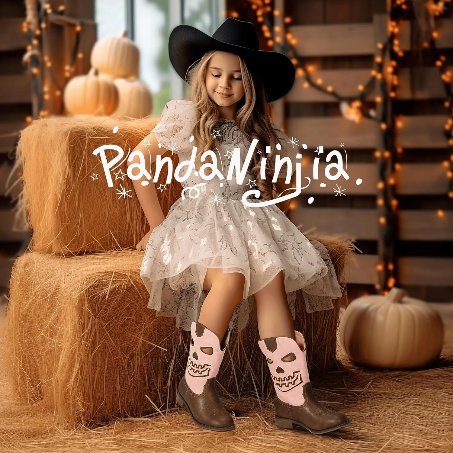 PANDANINJIA Girls Cowboy Boots For Boys Kids Toddler Western Mid Calf Cowgirl Boots Riding Shoes With Halloween Skull Element Booties
