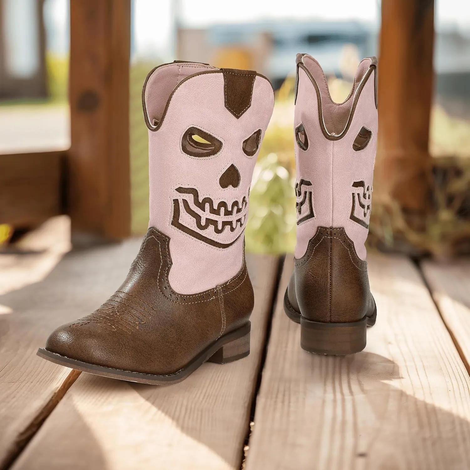 PANDANINJIA Girls Cowboy Boots For Boys Kids Toddler Western Mid Calf Cowgirl Boots Riding Shoes With Halloween Skull Element Booties