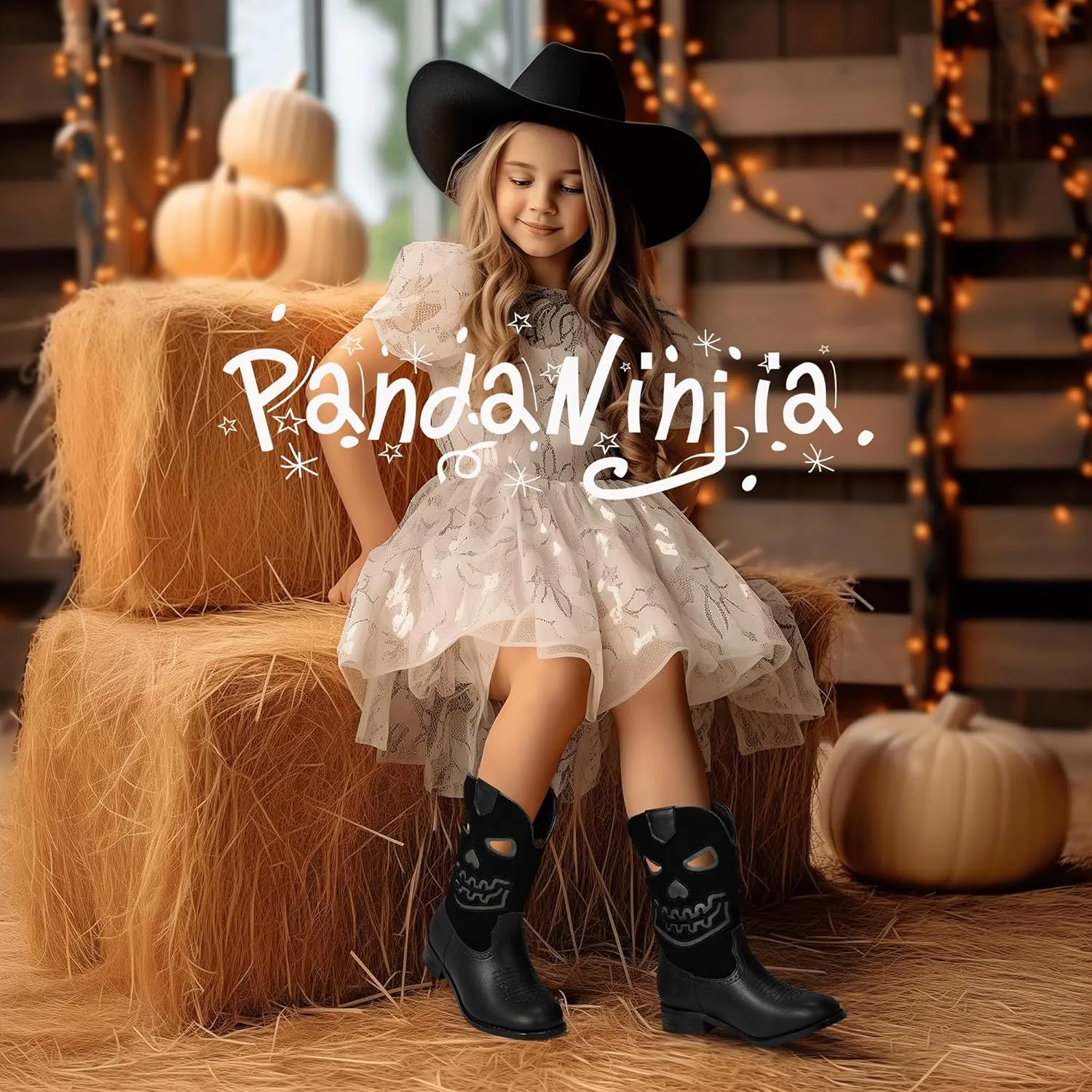PANDANINJIA Girls Cowboy Boots For Boys Kids Toddler Western Mid Calf Cowgirl Boots Riding Shoes With Halloween Skull Element Booties