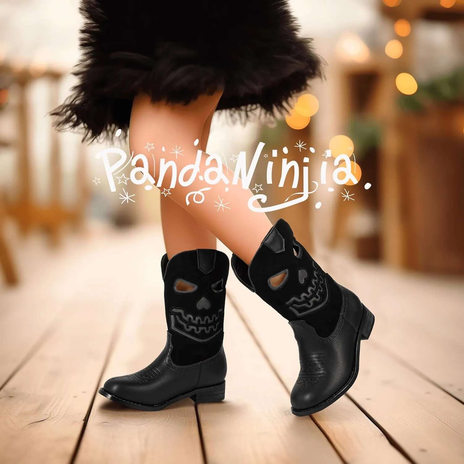 PANDANINJIA Girls Cowboy Boots For Boys Kids Toddler Western Mid Calf Cowgirl Boots Riding Shoes With Halloween Skull Element Booties