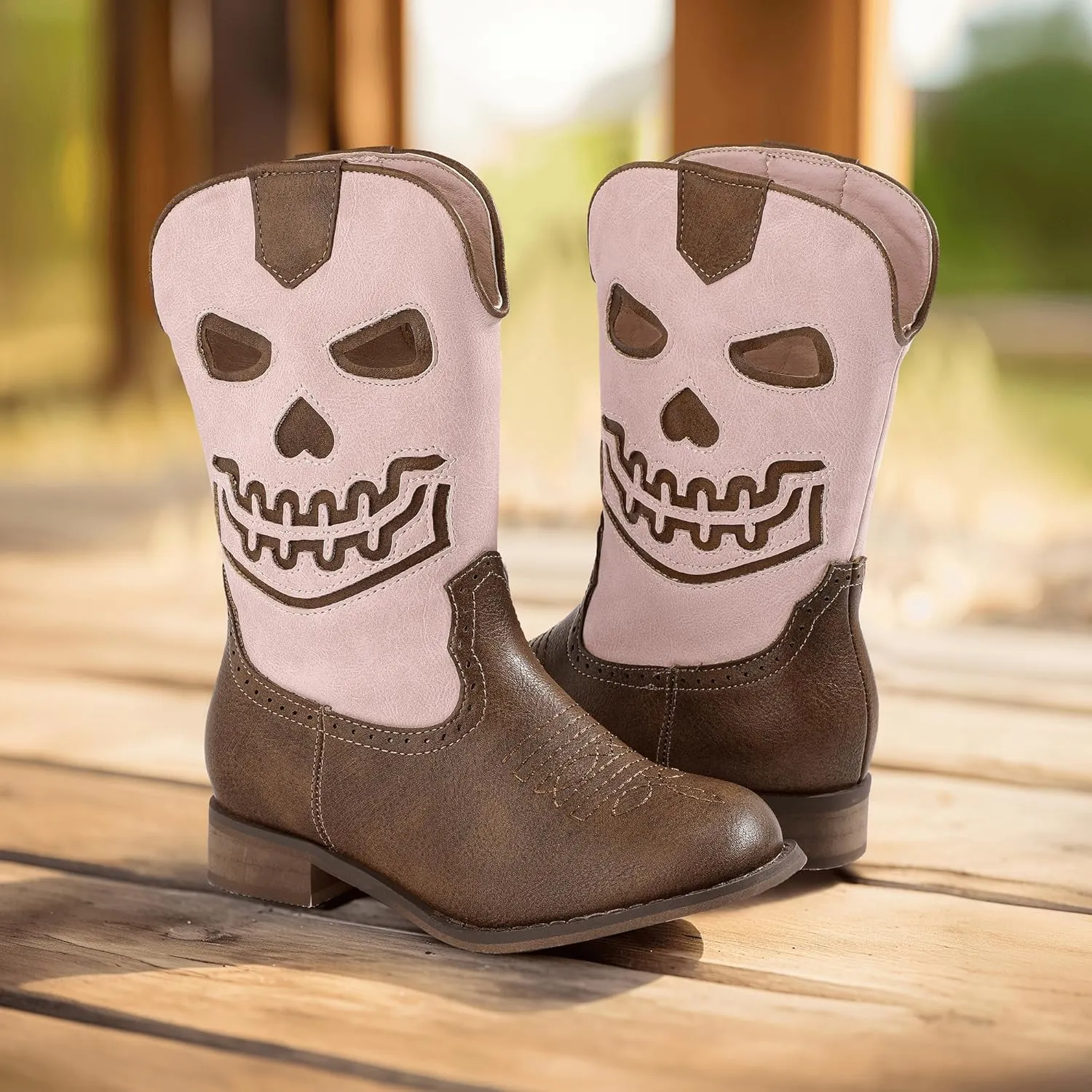 PANDANINJIA Girls Cowboy Boots For Boys Kids Toddler Western Mid Calf Cowgirl Boots Riding Shoes With Halloween Skull Element Booties