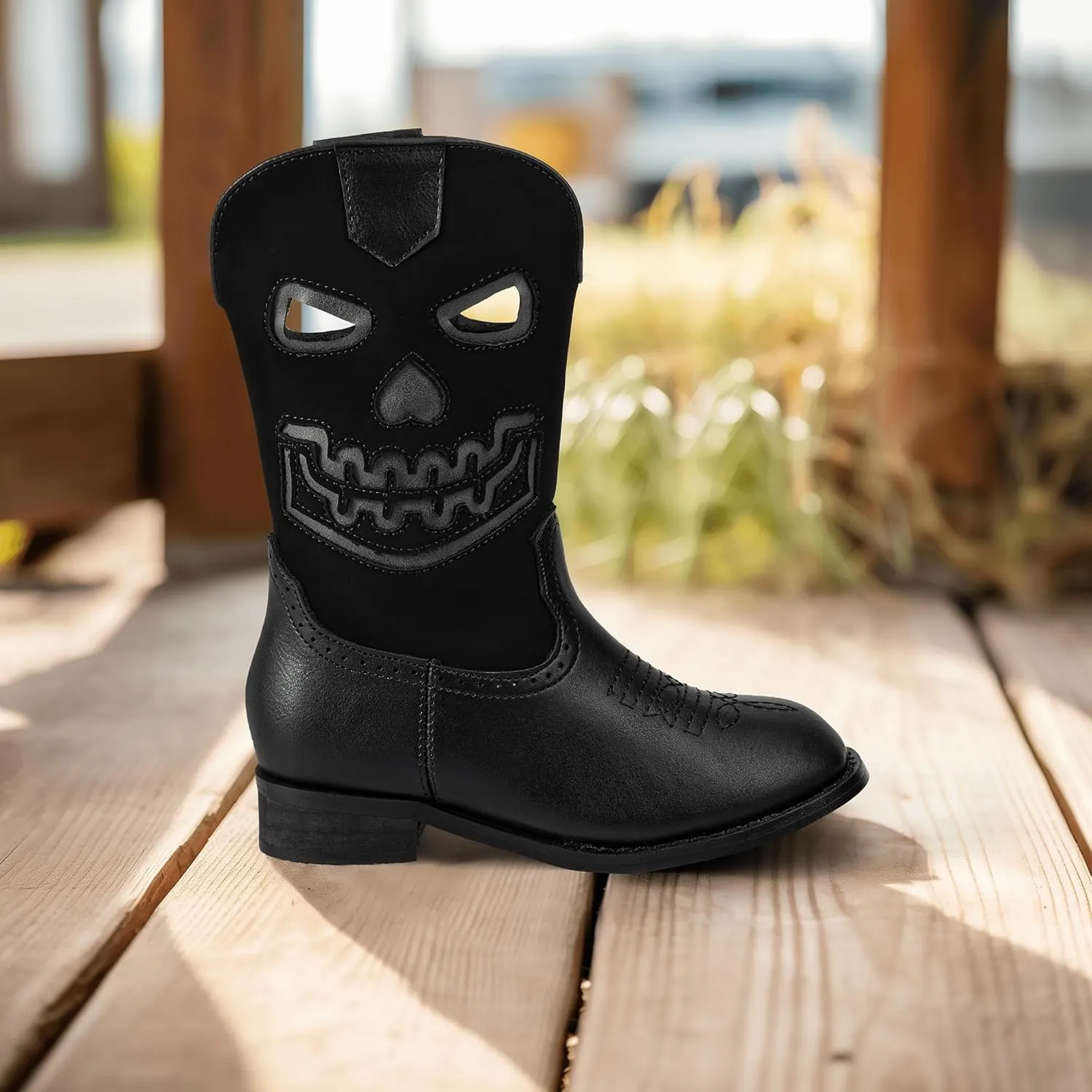 PANDANINJIA Girls Cowboy Boots For Boys Kids Toddler Western Mid Calf Cowgirl Boots Riding Shoes With Halloween Skull Element Booties
