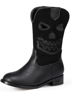PANDANINJIA Girls Cowboy Boots For Boys Kids Toddler Western Mid Calf Cowgirl Boots Riding Shoes With Halloween Skull Element Booties