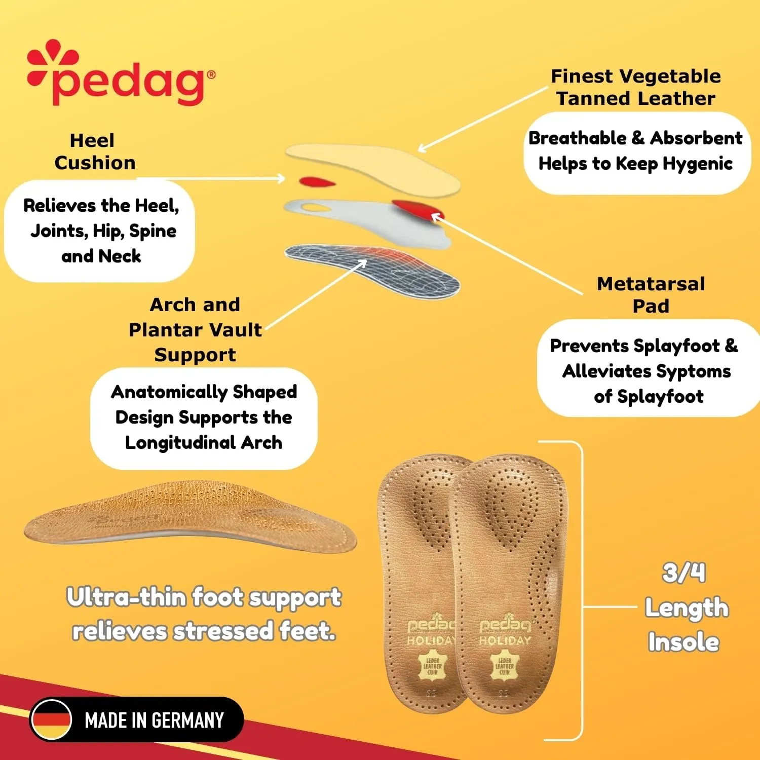Pedag Holiday | 3/4 Length Sheepskin Orthotic Inserts | Handmade in Germany | Arch Support | Metatarsal Pad | Heel Cushion | Fits Low Profile Tight Shoes | Tan | 1 Pair | US Women 5 / EU 35