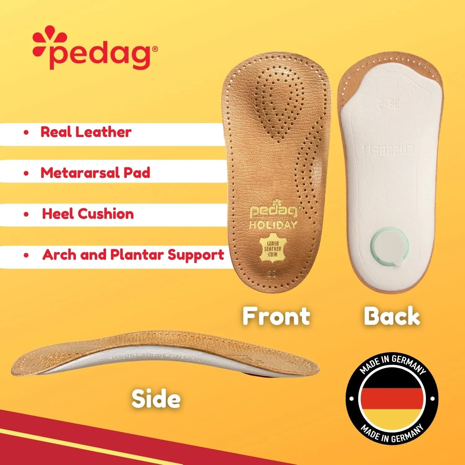Pedag Holiday | 3/4 Length Sheepskin Orthotic Inserts | Handmade in Germany | Arch Support | Metatarsal Pad | Heel Cushion | Fits Low Profile Tight Shoes | Tan | 1 Pair | US Women 5 / EU 35