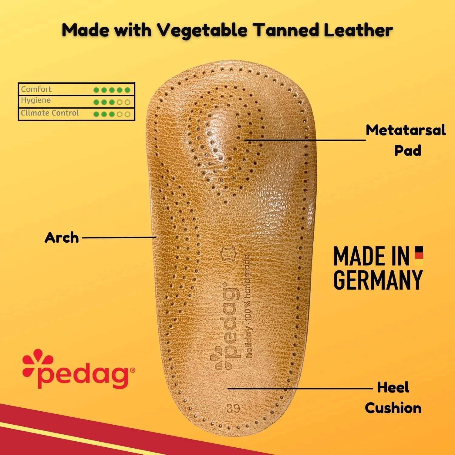 Pedag Holiday | 3/4 Length Sheepskin Orthotic Inserts | Handmade in Germany | Arch Support | Metatarsal Pad | Heel Cushion | Fits Low Profile Tight Shoes | Tan | 1 Pair | US Women 5 / EU 35