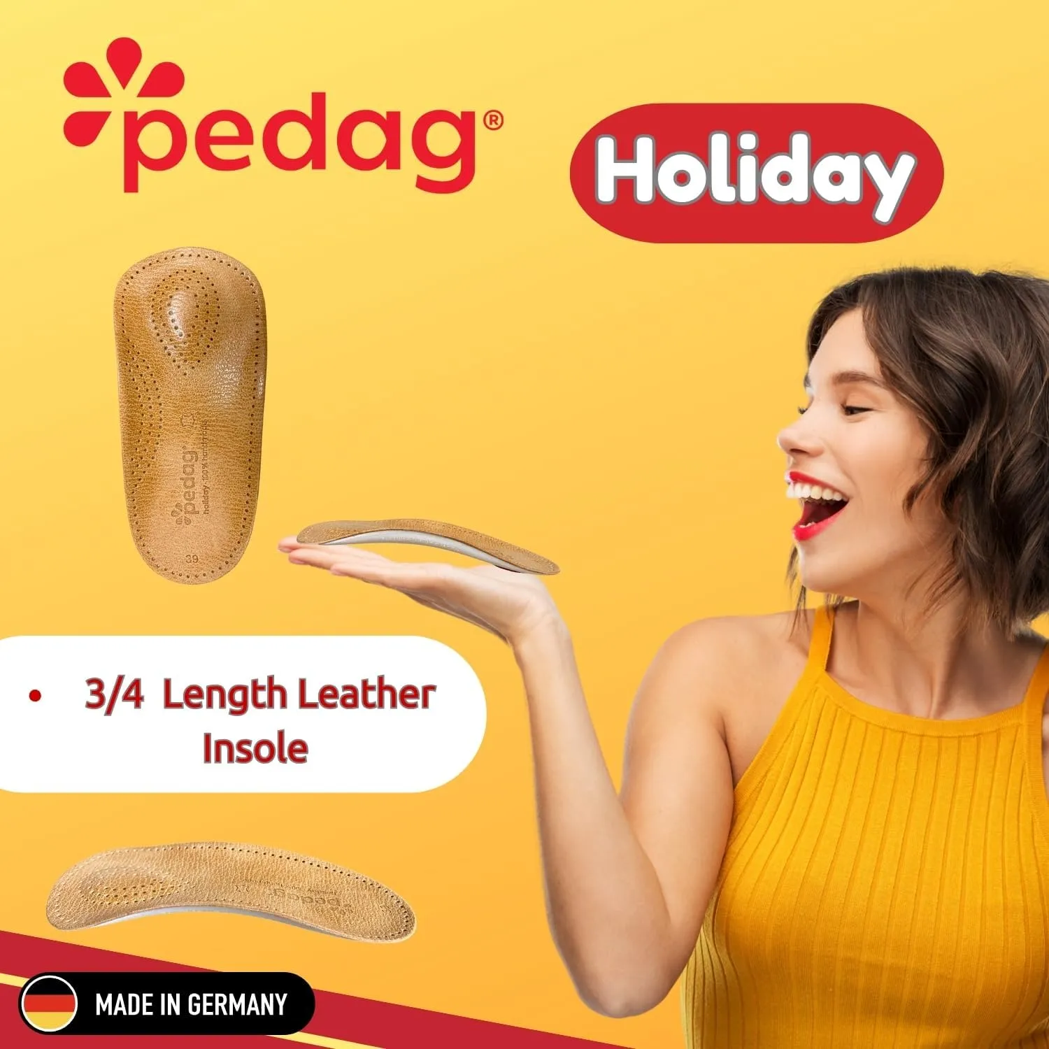Pedag Holiday | 3/4 Length Sheepskin Orthotic Inserts | Handmade in Germany | Arch Support | Metatarsal Pad | Heel Cushion | Fits Low Profile Tight Shoes | Tan | 1 Pair | US Women 5 / EU 35