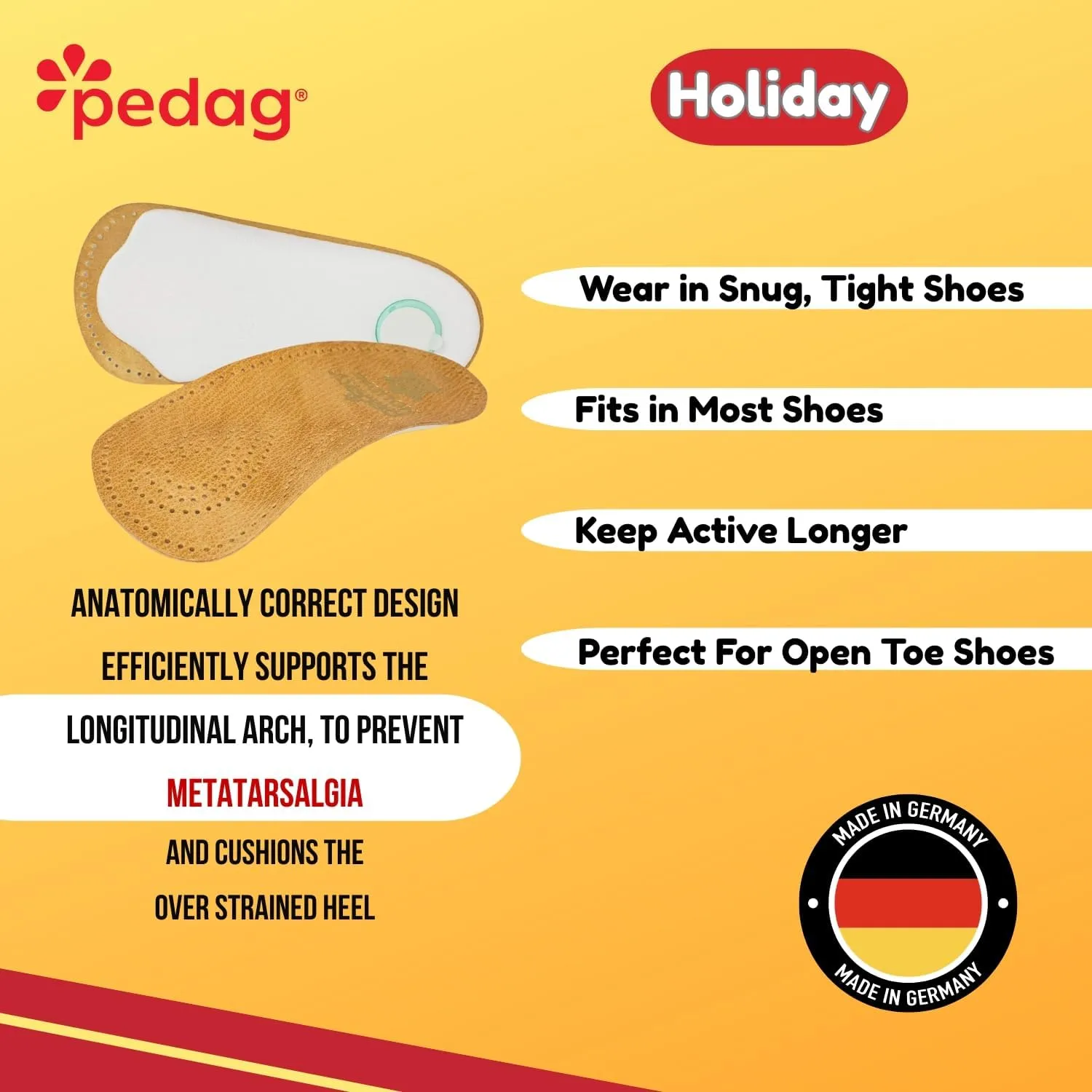 Pedag Holiday | 3/4 Length Sheepskin Orthotic Inserts | Handmade in Germany | Arch Support | Metatarsal Pad | Heel Cushion | Fits Low Profile Tight Shoes | Tan | 1 Pair | US Women 5 / EU 35