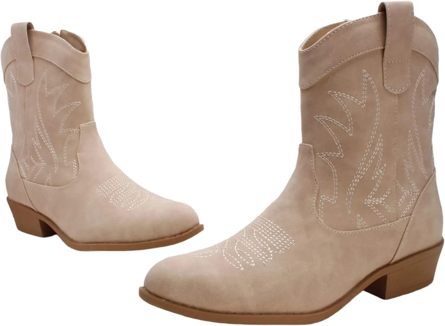 PEPPEP Western Cowgirl Cowboy Ankle Boots for Women or Ladies, Mid Calf, Vegan Leather Embroidered Upper, Low Heel, Fashionable Pointed-toe, Well Made