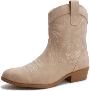 PEPPEP Western Cowgirl Cowboy Ankle Boots for Women or Ladies, Mid Calf, Vegan Leather Embroidered Upper, Low Heel, Fashionable Pointed-toe, Well Made
