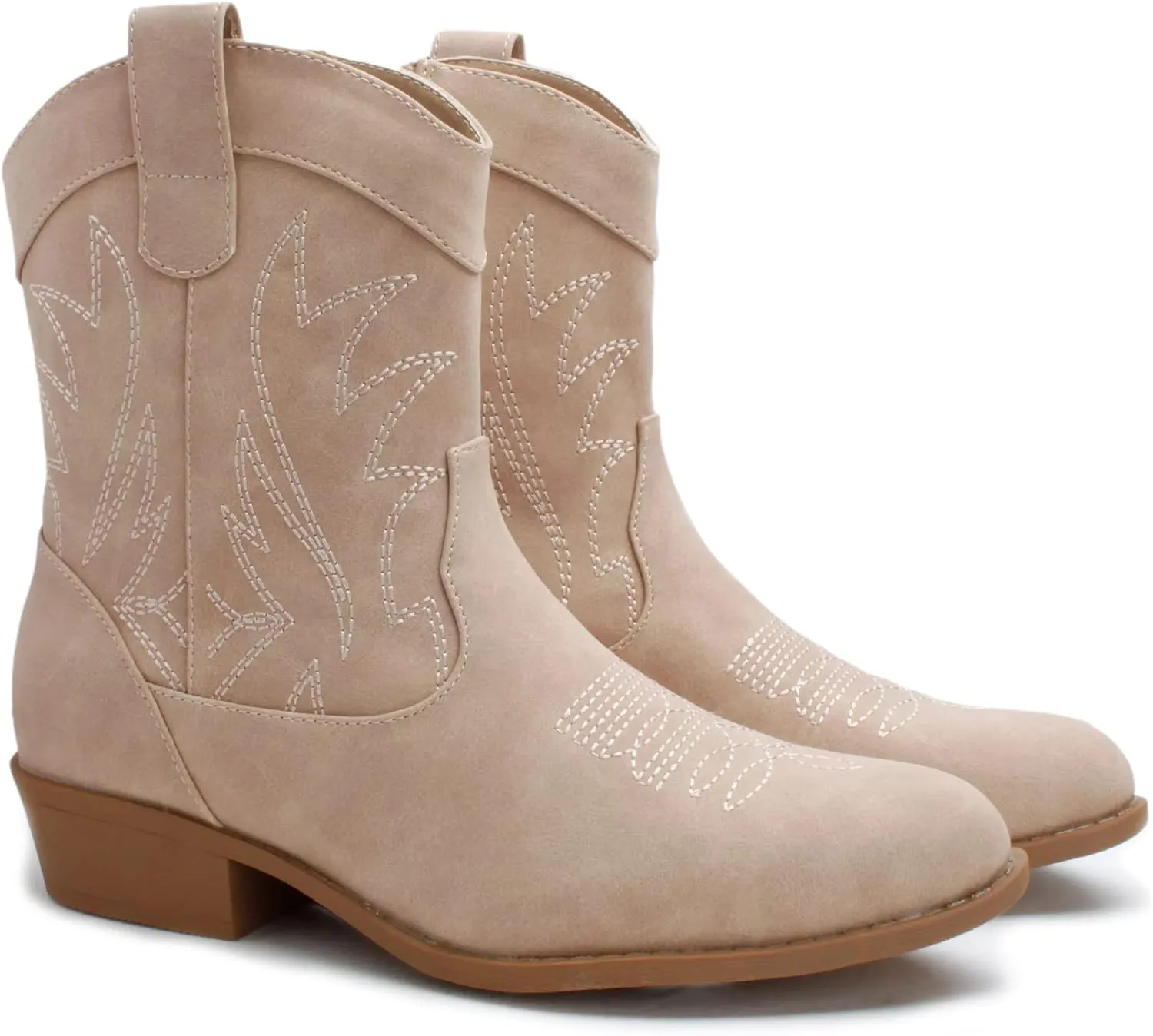 PEPPEP Western Cowgirl Cowboy Ankle Boots for Women or Ladies, Mid Calf, Vegan Leather Embroidered Upper, Low Heel, Fashionable Pointed-toe, Well Made