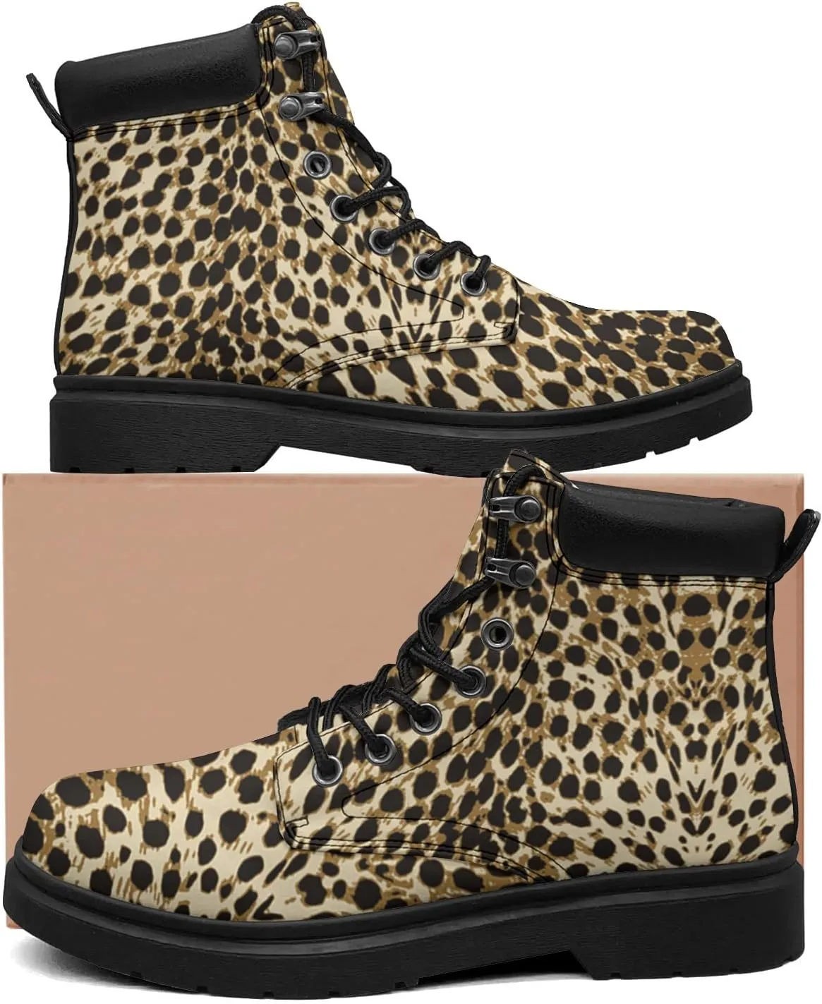 Pitovozu Tiger Leopard Skin Boots Womens Snow Boots Ankle Anti-Slip Combat Boots Lace Up Winter Waterproof Leather Boots Shoes Gifts for Women