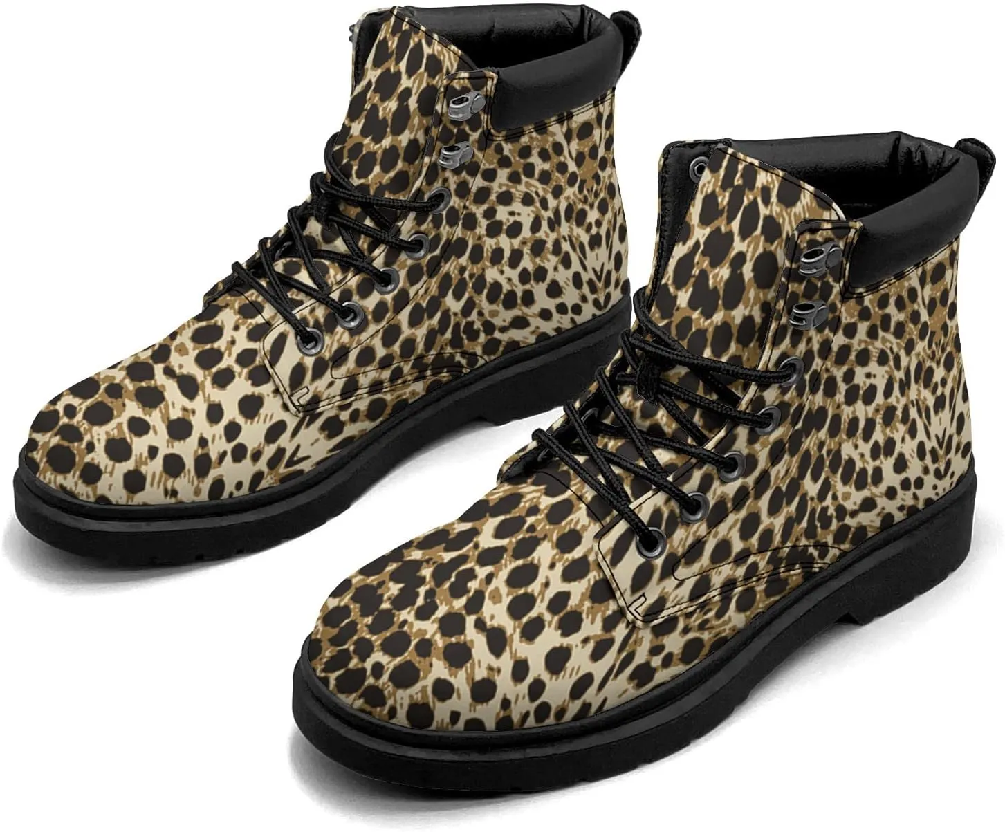 Pitovozu Tiger Leopard Skin Boots Womens Snow Boots Ankle Anti-Slip Combat Boots Lace Up Winter Waterproof Leather Boots Shoes Gifts for Women