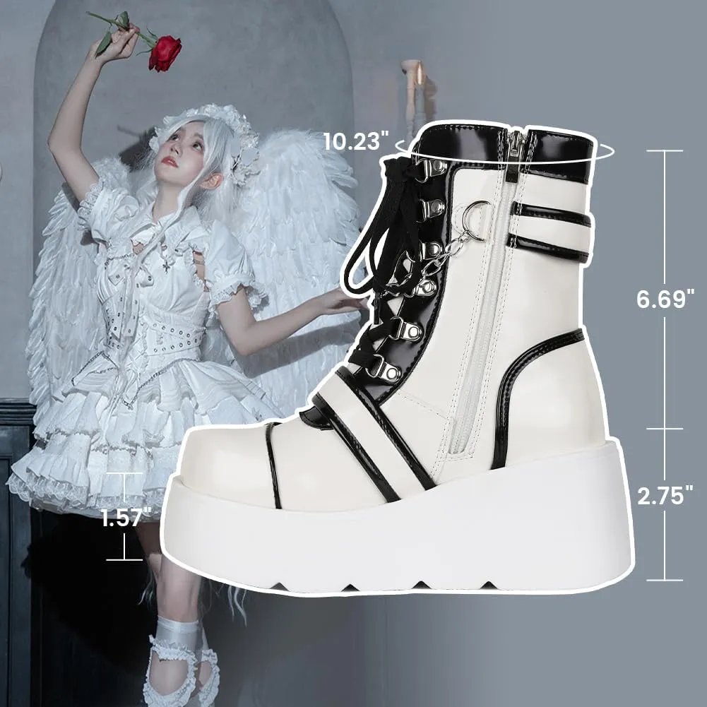 Platform Ankle boots for Women Goth Rave Boots Kawaii Shoes High Heel Round Toe Zipper Wedges Mid Calf Booties