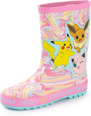 Pokemon Girls Wellington Boots | Kids Wellys with Pikachu, Eevee & Jigglypuff Character Print in Pink