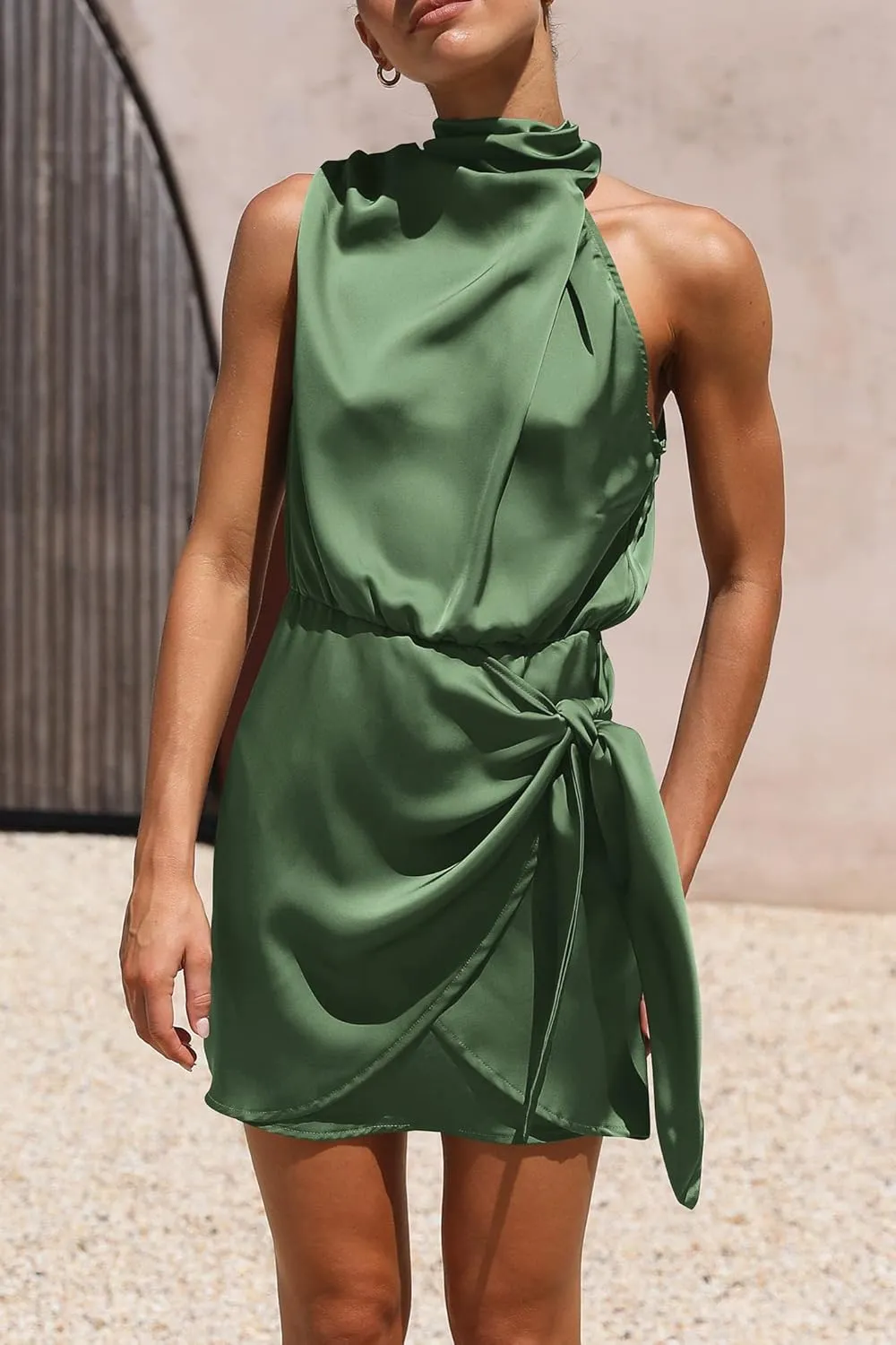 PRETTYGARDEN Women's Short Formal Satin Dress Summer Sleeveless Mock Neck Tie Waist Cocktail Party Dresses