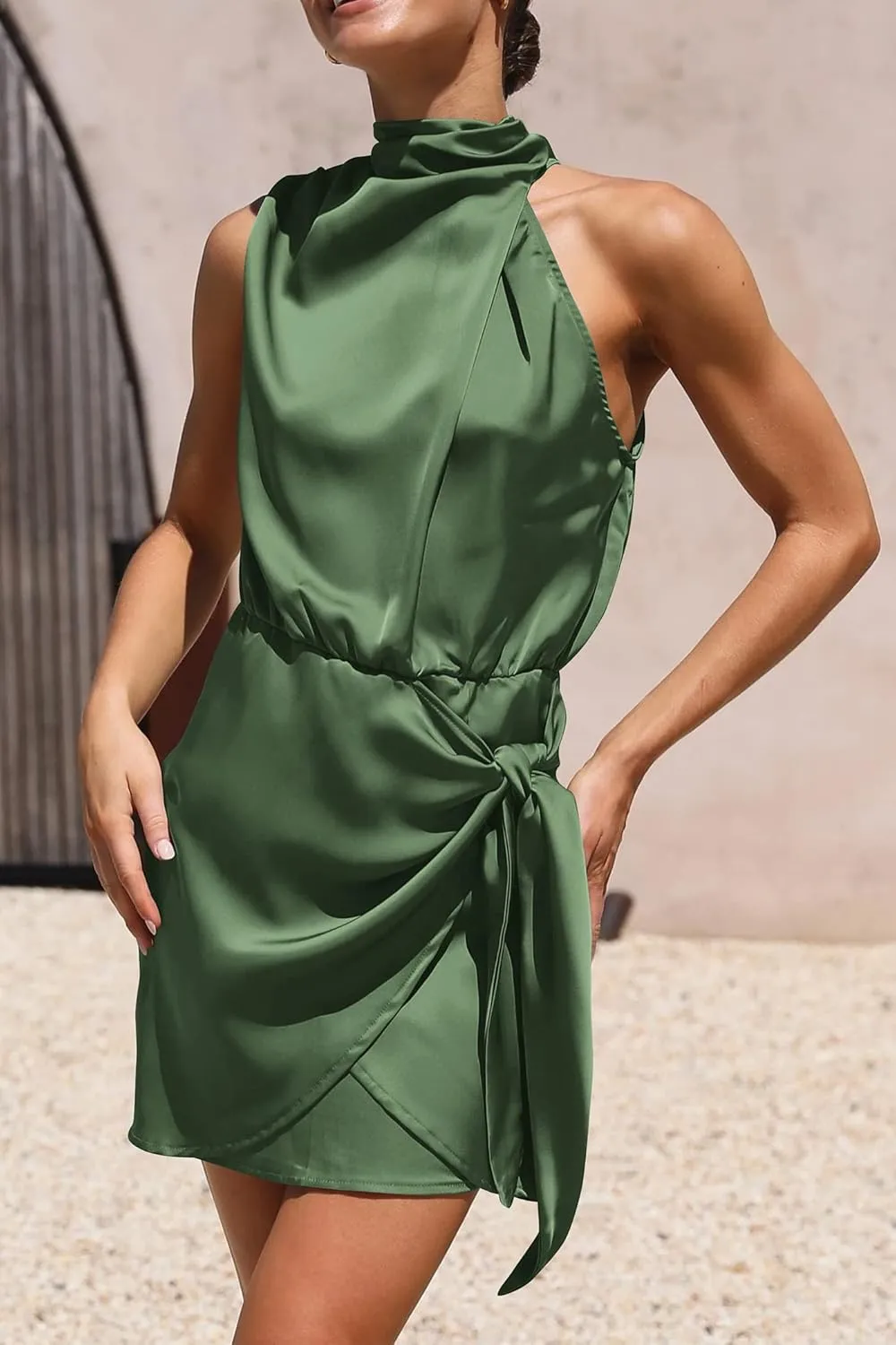 PRETTYGARDEN Women's Short Formal Satin Dress Summer Sleeveless Mock Neck Tie Waist Cocktail Party Dresses