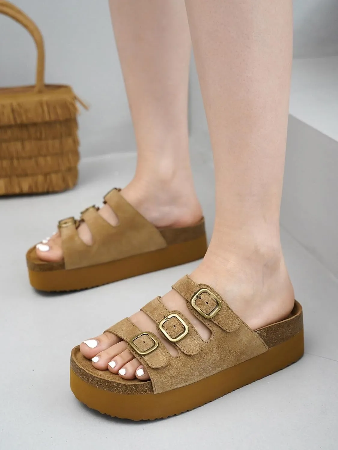 Project Cloud Genuine Suede Womens Sandals - Comfortable Wedges & Platform Sandals for Women with Memory Foam Insole - Non-Slip 3-Strap Wedge for Women Footwear (Dyan)