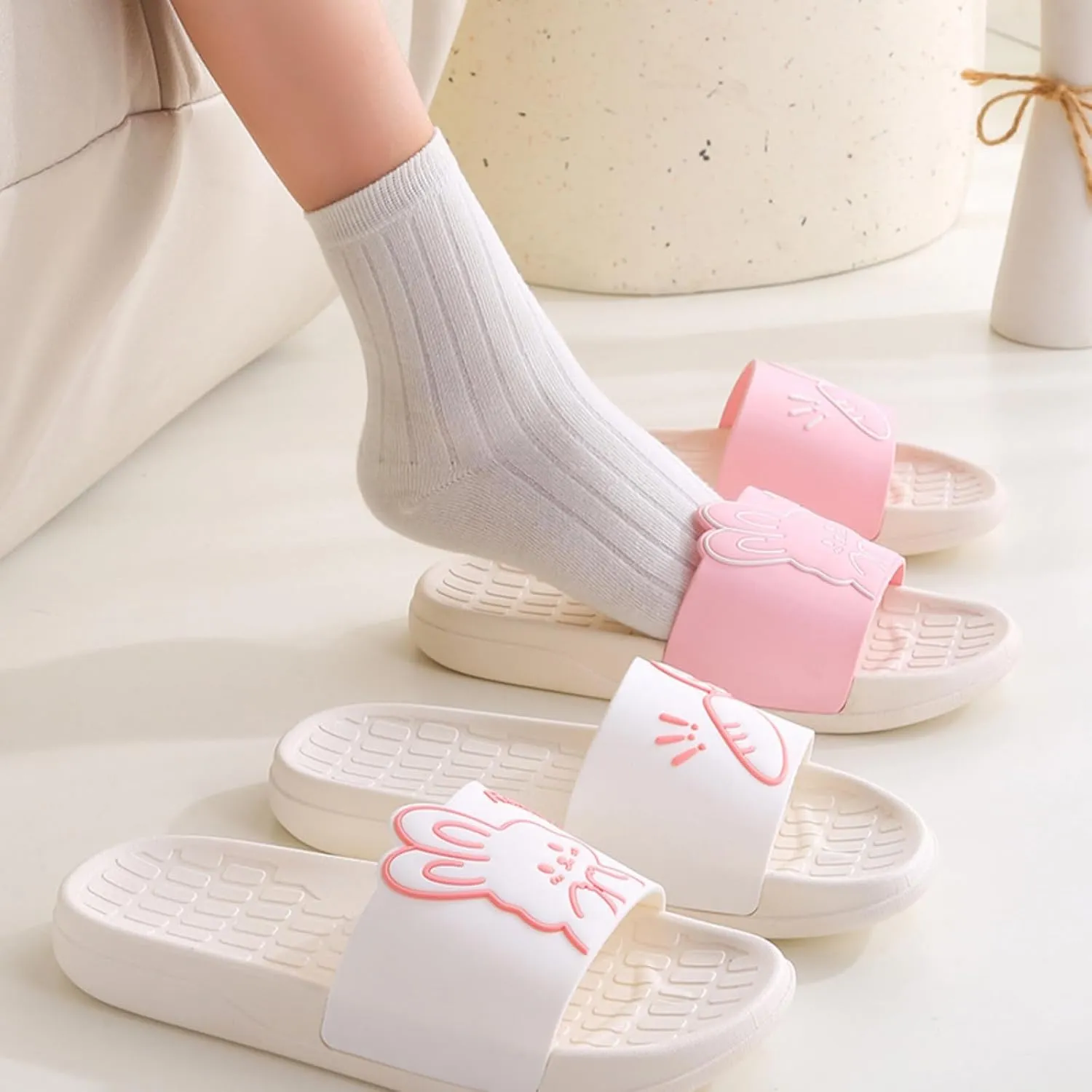 Rabbit Pillow Slippers,Shower Sandals for Women Men,Slide Sandal Slippers with Cute Bunny, Non-slip Slippers, Cloud Slippers